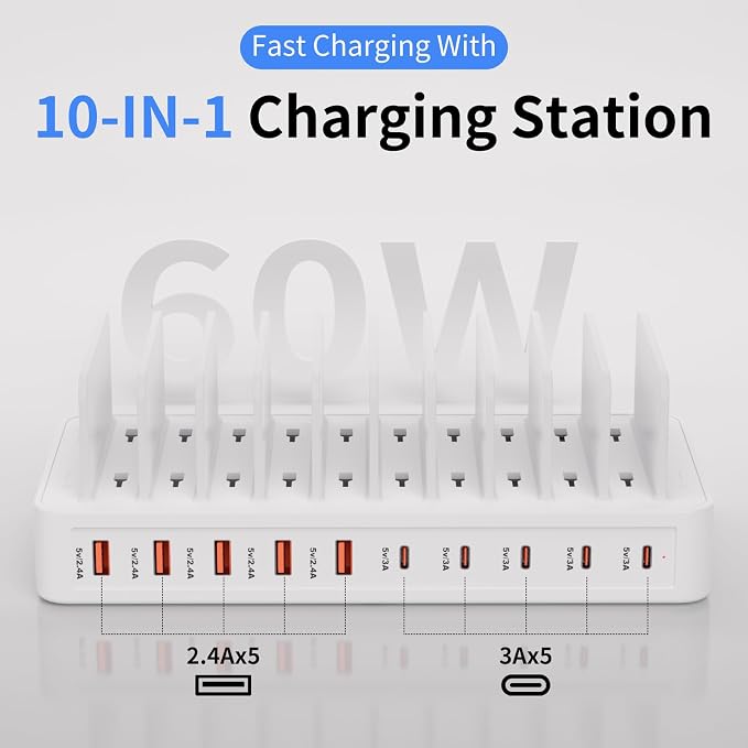 60W Charging Station for Multiple Devices, 10-Port USB Fast Charging Station - Image 2