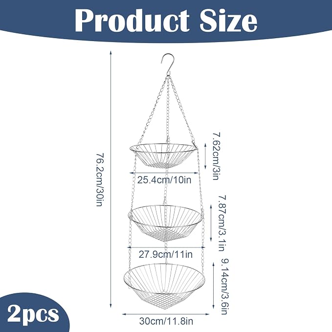 3-Tier Kitchen Wire Storage Basket Hanging Fruit Storage 2 Pack - Image 3