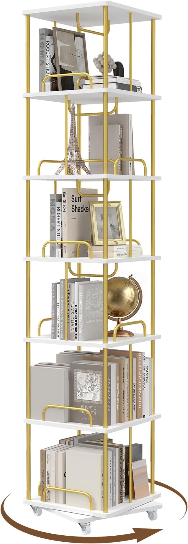 Rotating Bookshelf, 6 Tier Tall Spinning Skinny Book Shelf White | Gold Modern - Image 11