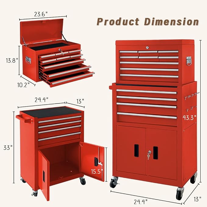 13-Drawer Double Doors Handle Rolling Tool Chest, 2 in 1 Detachable Rolling - Image 3