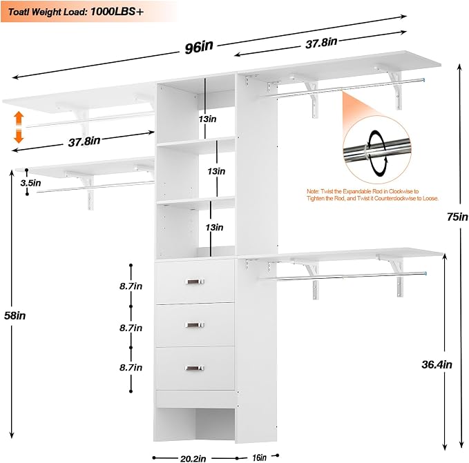 iSunirm 8FT Closet System, Wall Mount Bedroom Wardrobe - Image 8