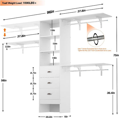 iSunirm 8FT Closet System, Wall Mount Bedroom Wardrobe - Image 8