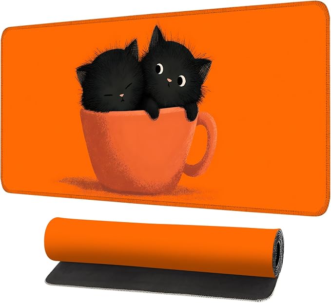 Large Cute Black Cat Mouse Pad, Extended Desk Mat by LEIWEIHOPE