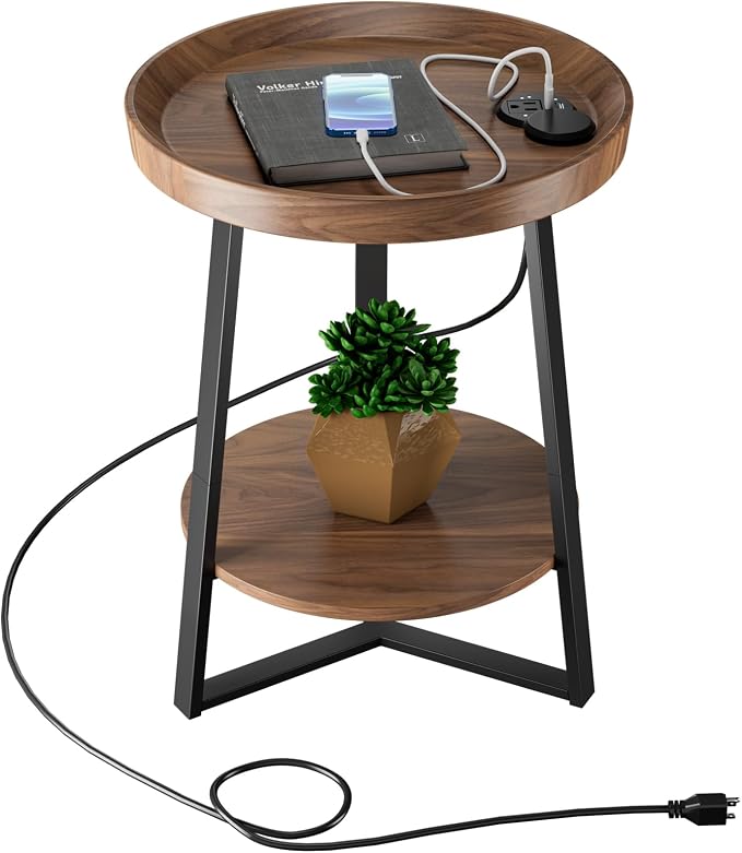 Gadroad Round End Table with Charging Station, USB Ports, Wood Tabletop & Black by Gadroad