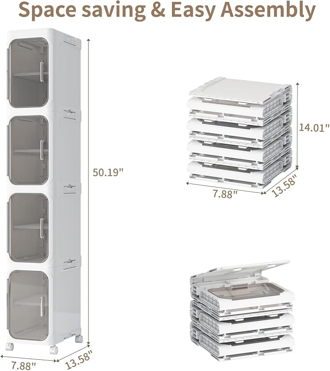 4 Tier Slim Bathroom Storage Cabinet, Foldable and Movable, ABS and PET - Image 2