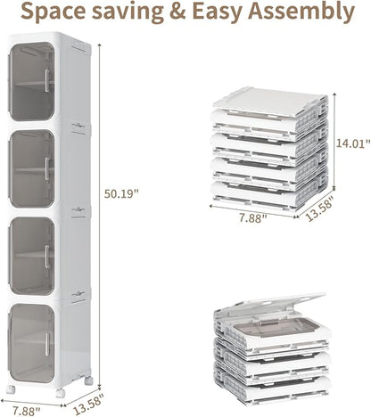 4 Tier Slim Bathroom Storage Cabinet, Foldable and Movable, ABS and PET - Image 2