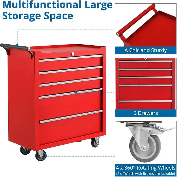 IDEALHOUSE Rolling Tool Chest, 5 Drawers Tool Storage Cabinet, Toolbox - Image 4