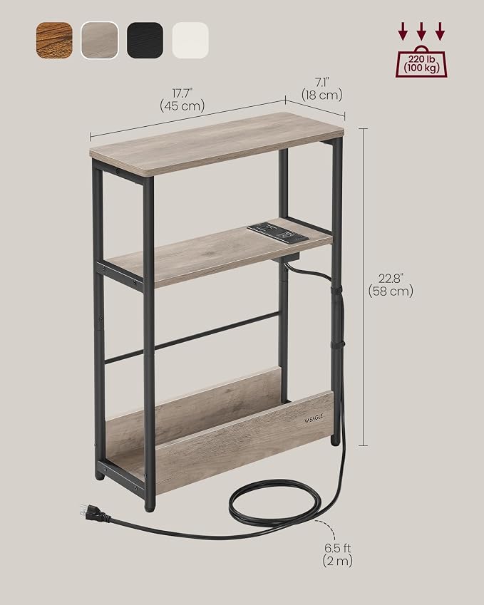 VASAGLE Side Table with Charging Station, Narrow End Table, 3-Tier Nightstand - Image 3