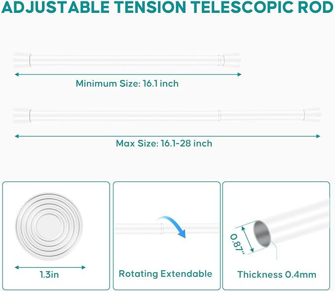 White Adjustable Shower Curtain Rod 16-28 Inches 1 pc, 7/8" Diameter Anti-slip - Image 2
