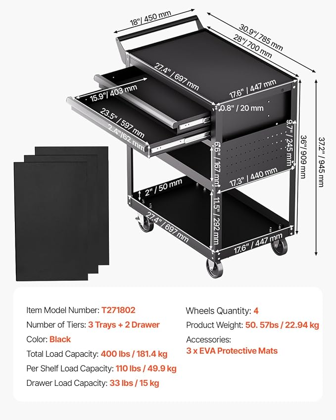 VEVOR 5-Tier Tool Cart with Wheels, 400 lbs Load Capacity, Rolling Work Cart - Image 7