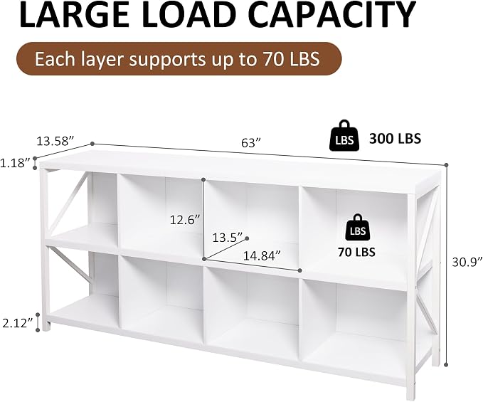 8 Cube Storage Organizer Bookshelf, Industrial Horizontal Bookcase, Accent - Image 2