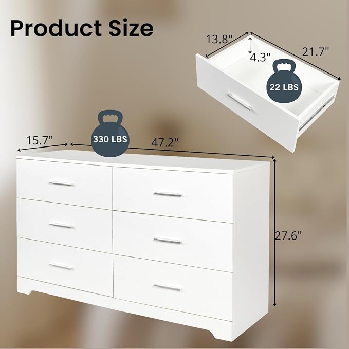 Karl home 6 Drawer Dresser, Wood White Vanity Drawer Cabinet, Bedroom Storage - Image 3