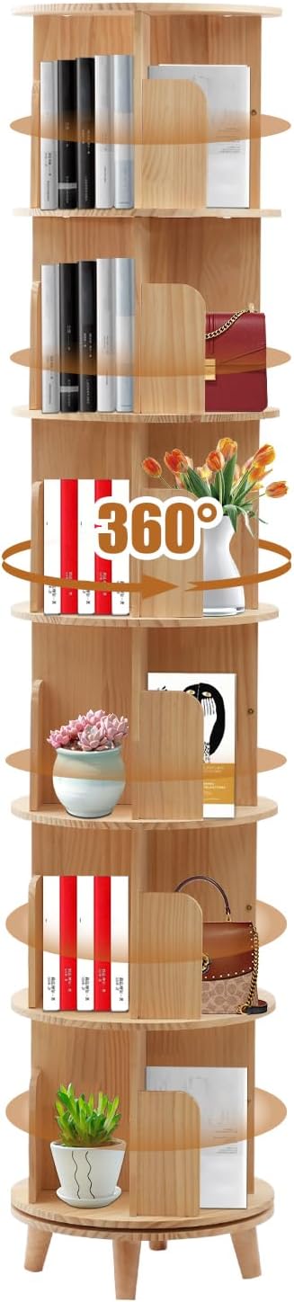 6 Tier Rotating Bookshelf 360 Degrees Free Standing Solid Wood Organizer by LOYALHEARTD