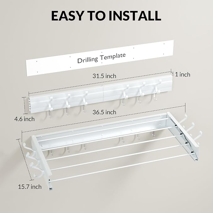 BAKON Wall Mounted Drying Rack, Indoor Outdoor Foldable Wall Mounted Clothes - Image 2
