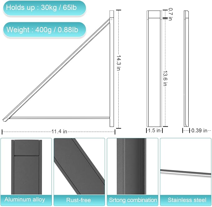 No Drill Wall Mounted Drying Rack 65 lb Aluminum, Fold away wall mount saves - Image 2