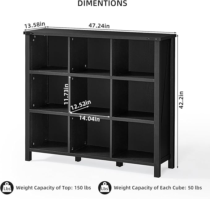 9 Cube Bookcase, Farmhouse 47 Inch Wide Black Bookshelf, Wooden 3 Tier Display - Image 3