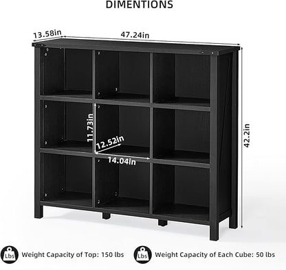 9 Cube Bookcase, Farmhouse 47 Inch Wide Black Bookshelf, Wooden 3 Tier Display - Image 3