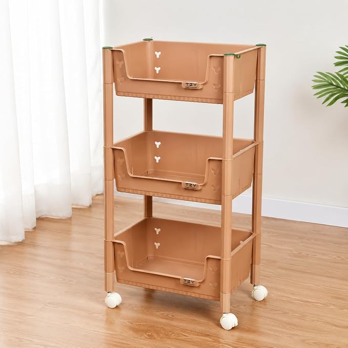 3 Tier Cart for Classroom, Khaki Resin Rolling Storage Cart, Mobile Utility Cart - Image 3