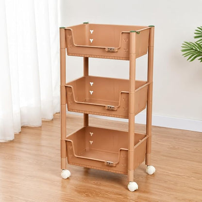 3 Tier Cart for Classroom, Khaki Resin Rolling Storage Cart, Mobile Utility Cart - Image 3