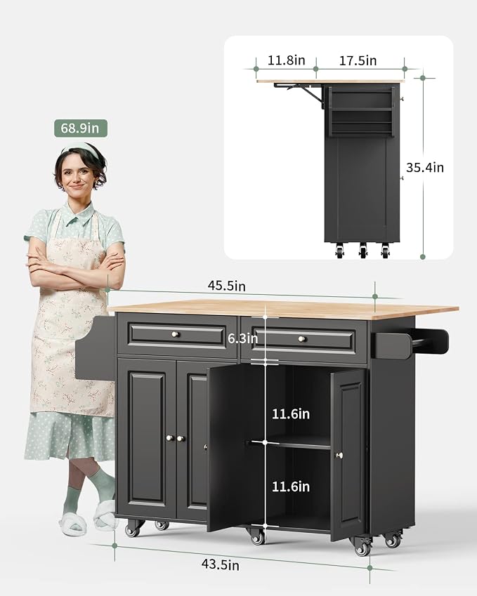 Kitchen Island with Storage, Kitchen Cart on 5 Universal Wheels, Mobile Kitchen - Image 3