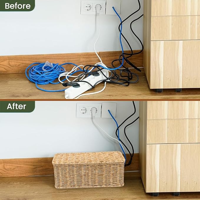 Cable Management Box, Handmade Rattan Cable Organizer, 2 Open Slots Cords Hider - Image 4