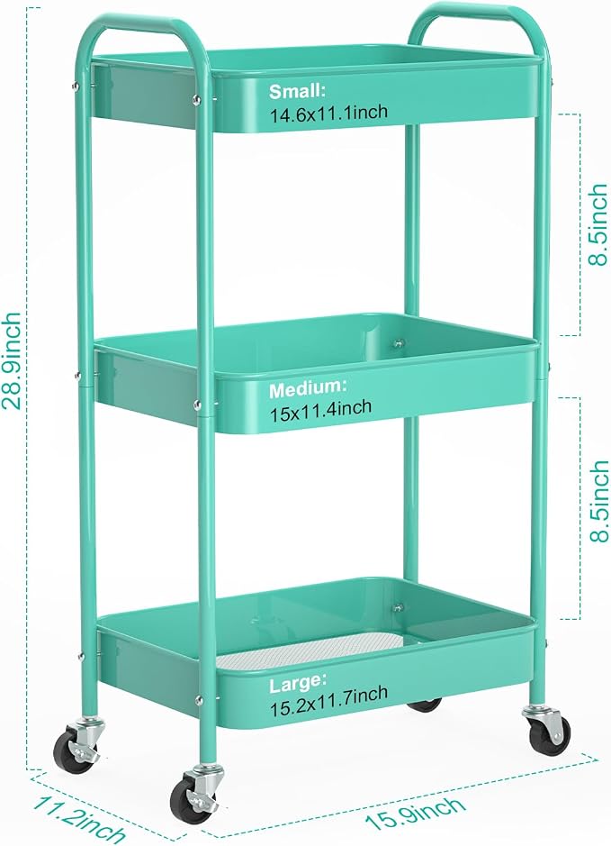 3-Tier Rolling Cart, Metal Utility Storage Carts - Image 6
