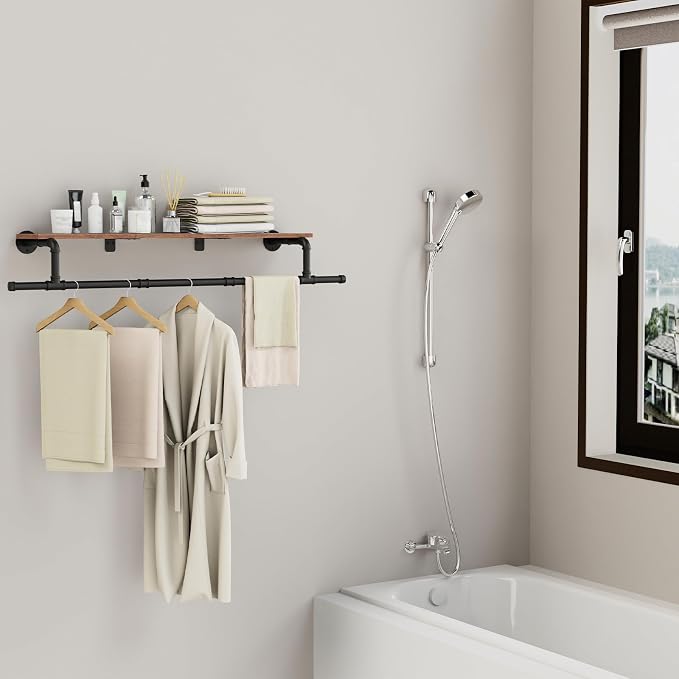 Wooden, Space Saver Wall Mounted Garment Rack, Heavy Duty Iron Industrial Pipe - Image 7