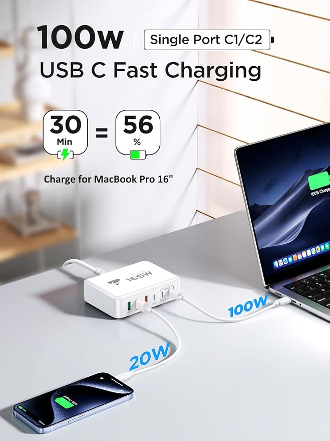 165W USB C Charging Station 6-Port GaN USB C Charger, PD 100W Laptop Hub Wall - Image 4