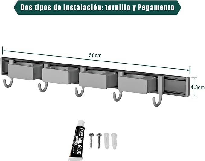 Broom Holder Wall Mount Movable Hooks and Clips Mop and Broom Hanger Wall - Image 6