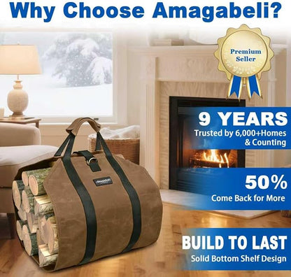 AMAGABELI GARDEN & HOME Firewood Carrier Waxed Canvas Firewood Bag Heavy Duty - Image 5