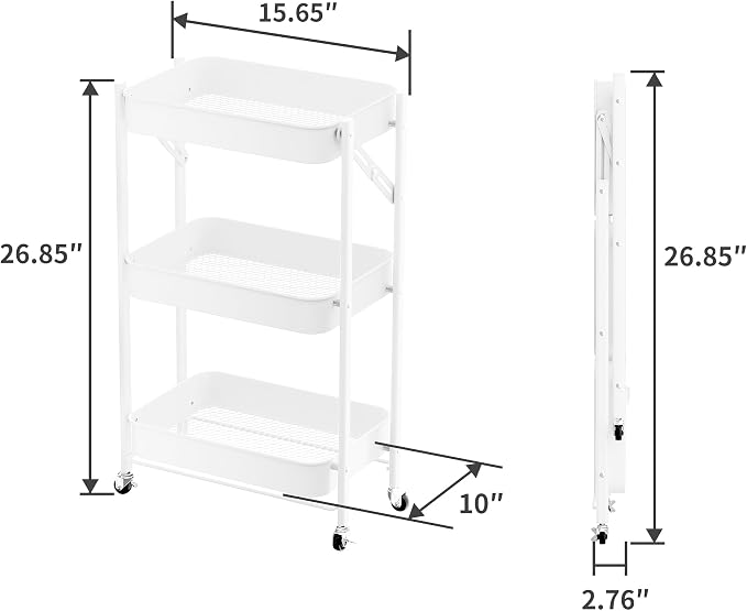 JAQ No Assembly Required Rolling Cart, 3-Tier Foldable Utility Cart - Image 3