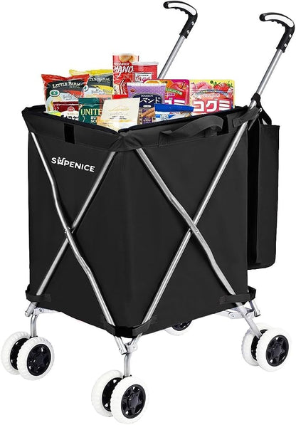 Folding Shopping Cart for Groceries, Water-Resistant Heavy-Duty Canvas Trolley by supenice