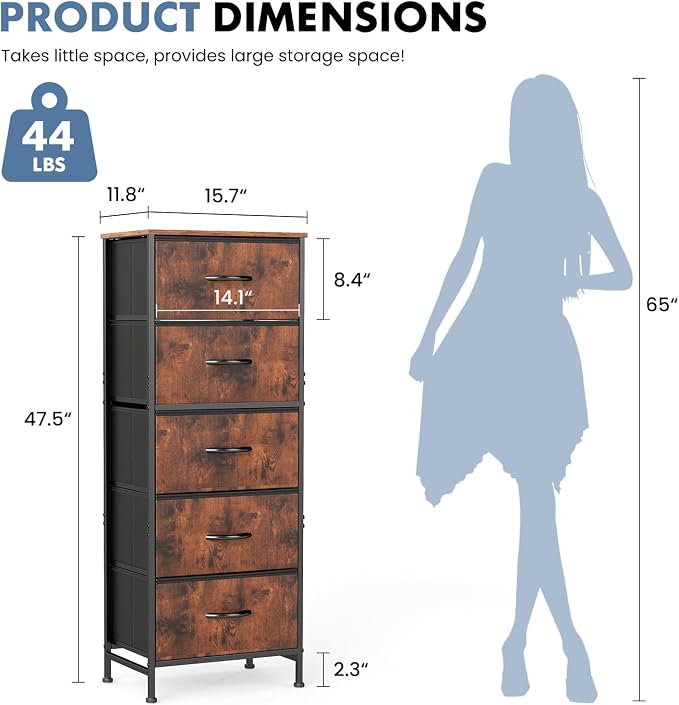 DUMOS Nightstand with 5 Drawers Bedside Table with Removable Fabric Bins Sturdy - Image 3