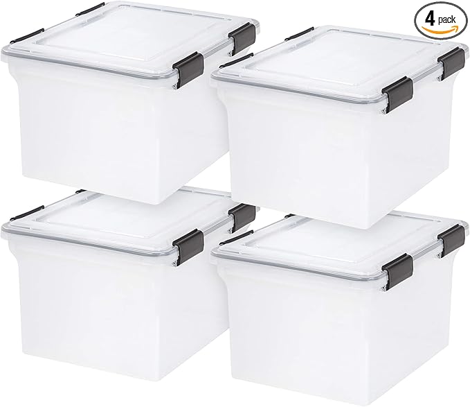 IRIS USA WeatherPro File Box Organizer, Letter/Legal, 32 Qt. 4-Pack, secure by IRISUSA