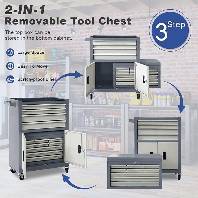 Tool Chest 13-Drawer with Double Door Handle, 2 in 1 Detachable Rolling Tool - Image 4