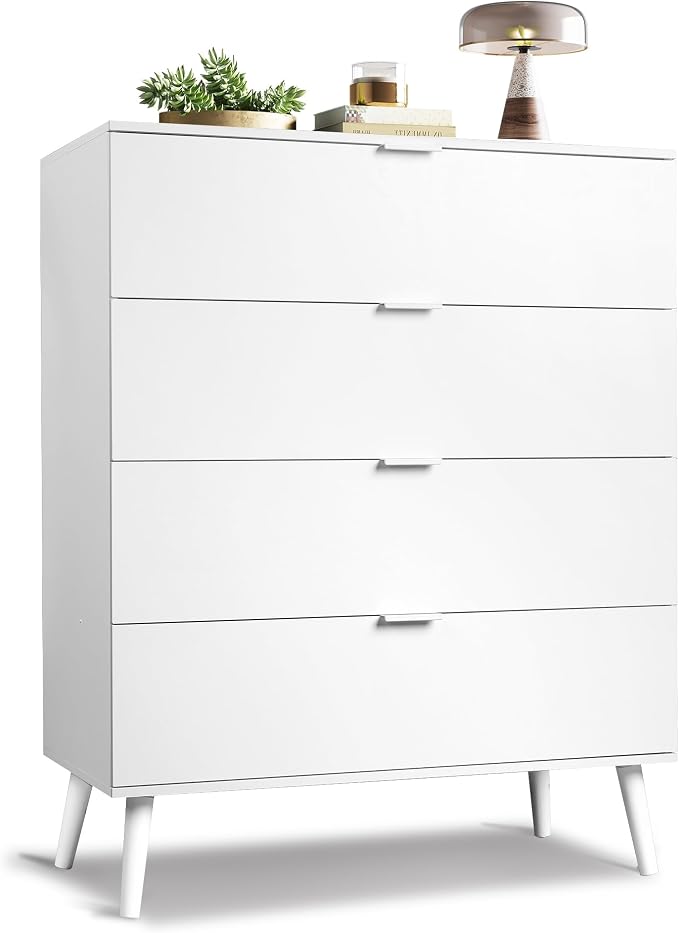 WLIVE 4 Drawer Dresser for Bedroom, Wooden White Tall Dresser, Modern Dressers by WLIVE
