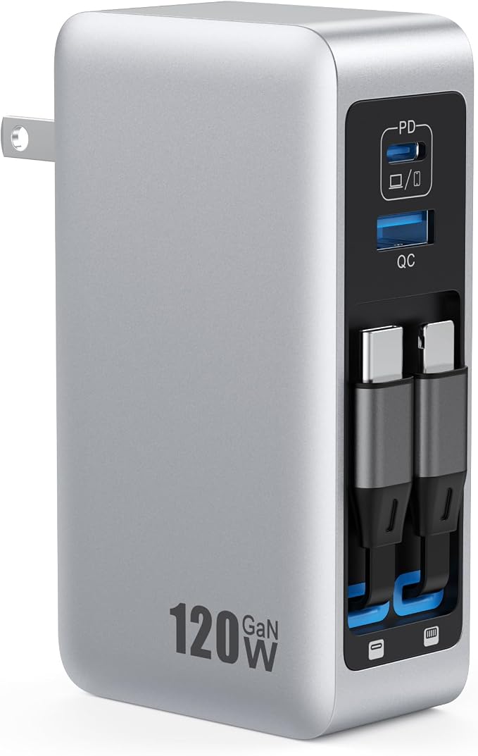 120W USB C Charger Block with 2 Built-in Retractable Cables, 4-in-1 GaN IV by FOCHEW