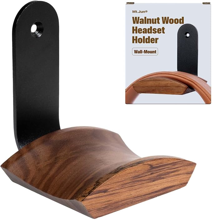 Walnut Wood Headphone Wall Mount Holder, Curved Headset Hanger by MtJun