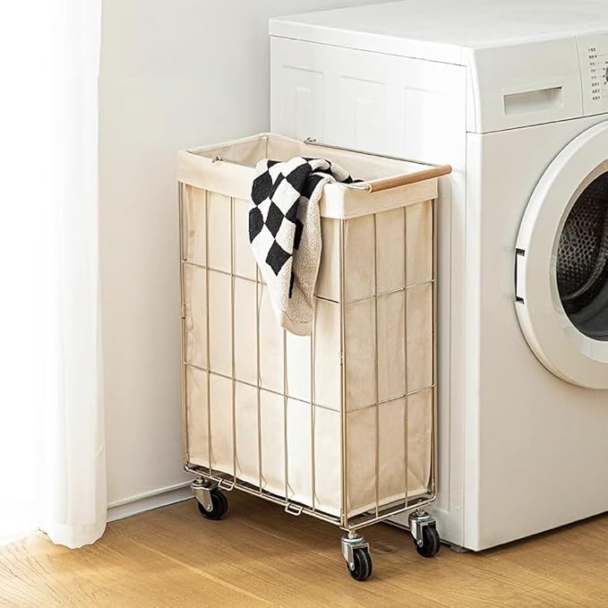 Rolling Laundry Cart with Baskets, Stainless Steel Hamper with Wheels, Slim - Image 9
