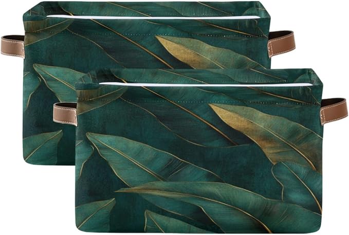 Dark Green and Gold Leaf Pattern Storage Bins Box Foldable Shelf Basket by Unknown