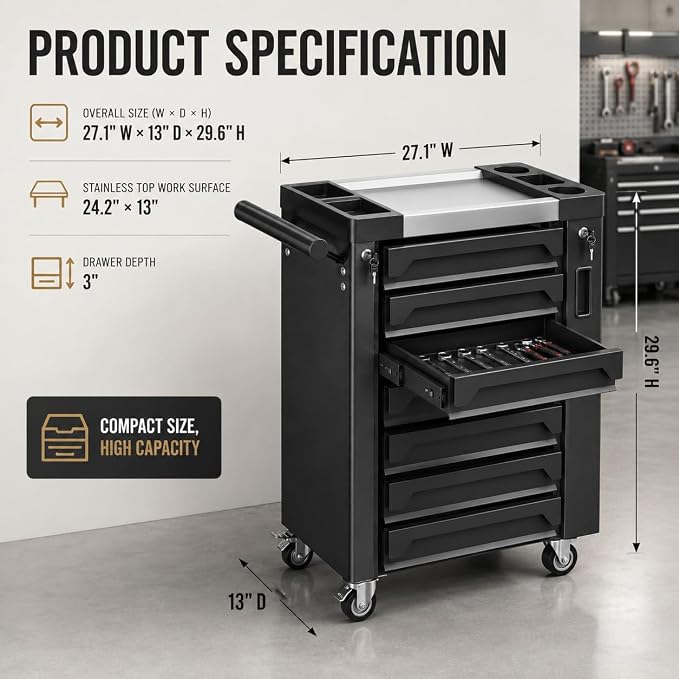 7-Drawer Rolling Tool Chest, Tool Box Lockable Metal Tool Cabinet - Image 3