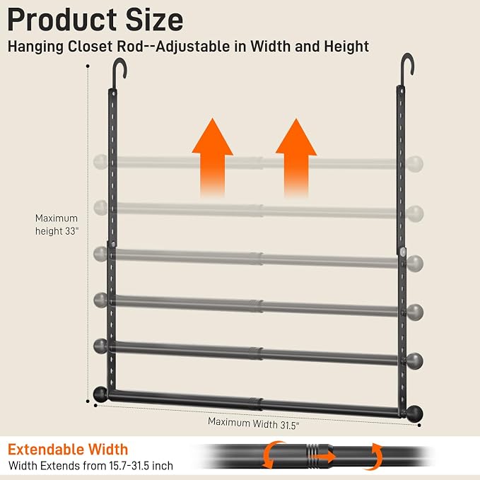 SUTINE Closet Rods for Hanging Clothes, Adjustable Metal Closet Extender - Image 2