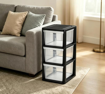 Black 3 Drawer Storage Tower, Plastic Organizer Cabinet by Unknown