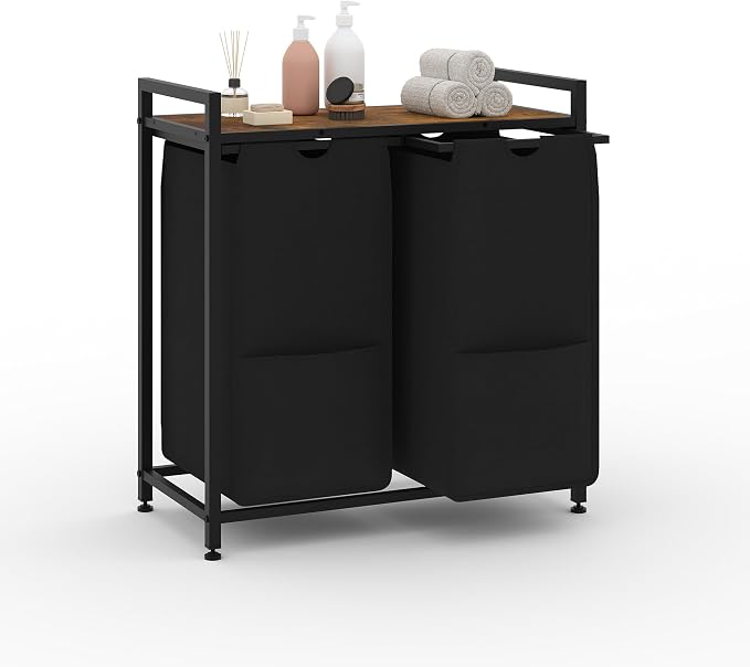 2-Section Laundry Hamper with Shelf, Pull-Out Removable 12.8 gal Bags, Metal by GarveeHome