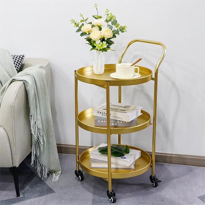 TRIROCKS 18 * 31" H Round Gold 3-Tier Rolling Bar Cart - Image 2