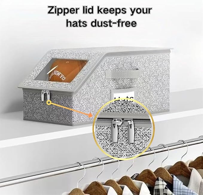 Space-Saving Hat Box with Clear Window Zipper Lid 2-Pack Stackable Closet Hat - Image 4