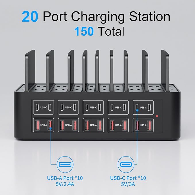 150W/35A Charging Station for Multiple Devices, 20 Port USB C Fast Charging - Image 2