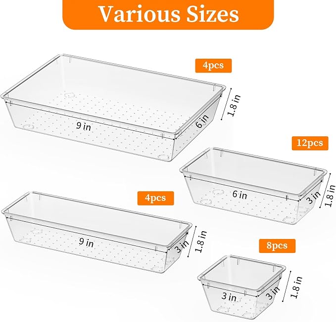 32 PCS Clear Plastic Drawer Organizer Set, 4-Size vanity organizer Trays and - Image 3