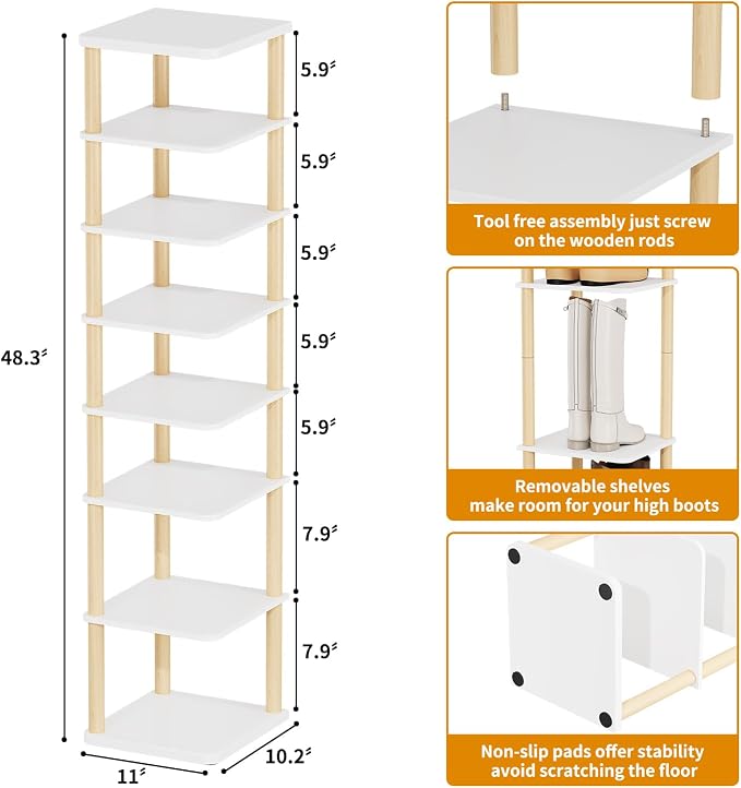 LUCKNOCK Vertical Shoe Rack, 8-Tier Tall Narrow Shoe Organizer - Image 2