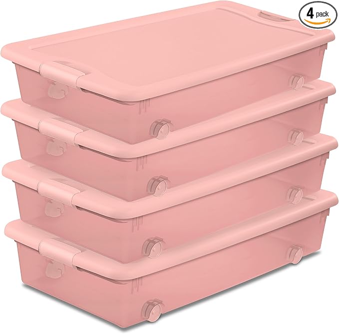 Sterilite 4-Pack 56 Quart Wheeled Latching Box, Underbed Plastic Storage by Sterilite